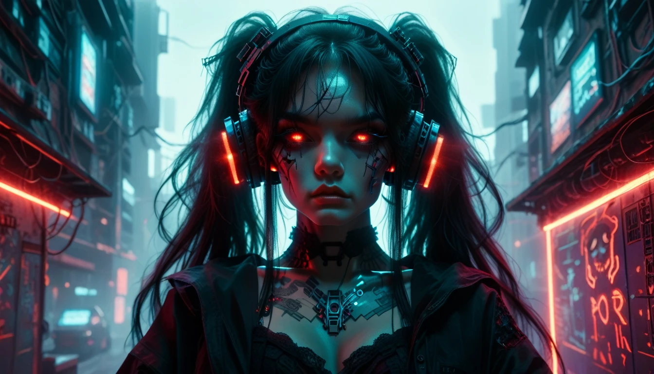 Woman with headphones and a red laser in her hair, cyberpunk))))), fantasy cyberpunk horror, gothic - cyberpunk, gothic and futuristic, epic fantasy cyberpunk, beautiful neuromancer woman, cyberpunk dark fantasy, fantasy cyberpunk, has cyberpunk style, occult cyberpunk, cyberpunk))), psychokinetic girl, seductive cyberpunk dark fantasy, Cyborg - Chica, orthodox cyberpunk, cyberpunk style