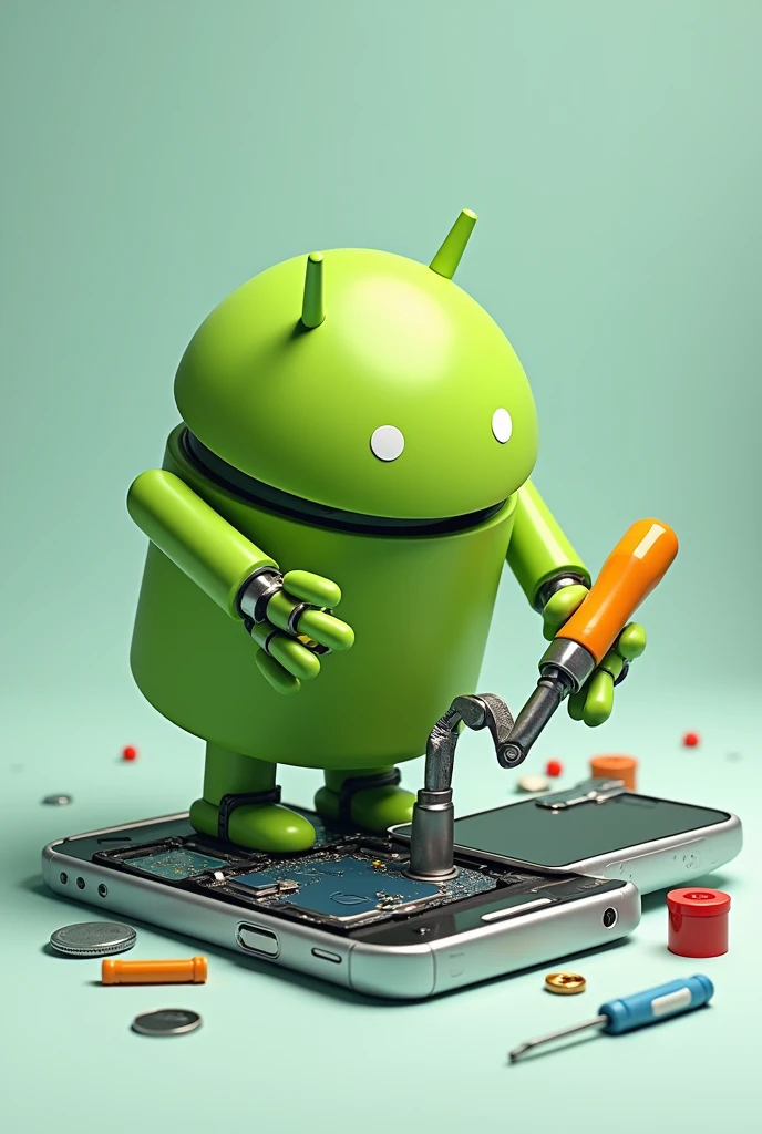 The Android logo repairing a cell phone , cartoon