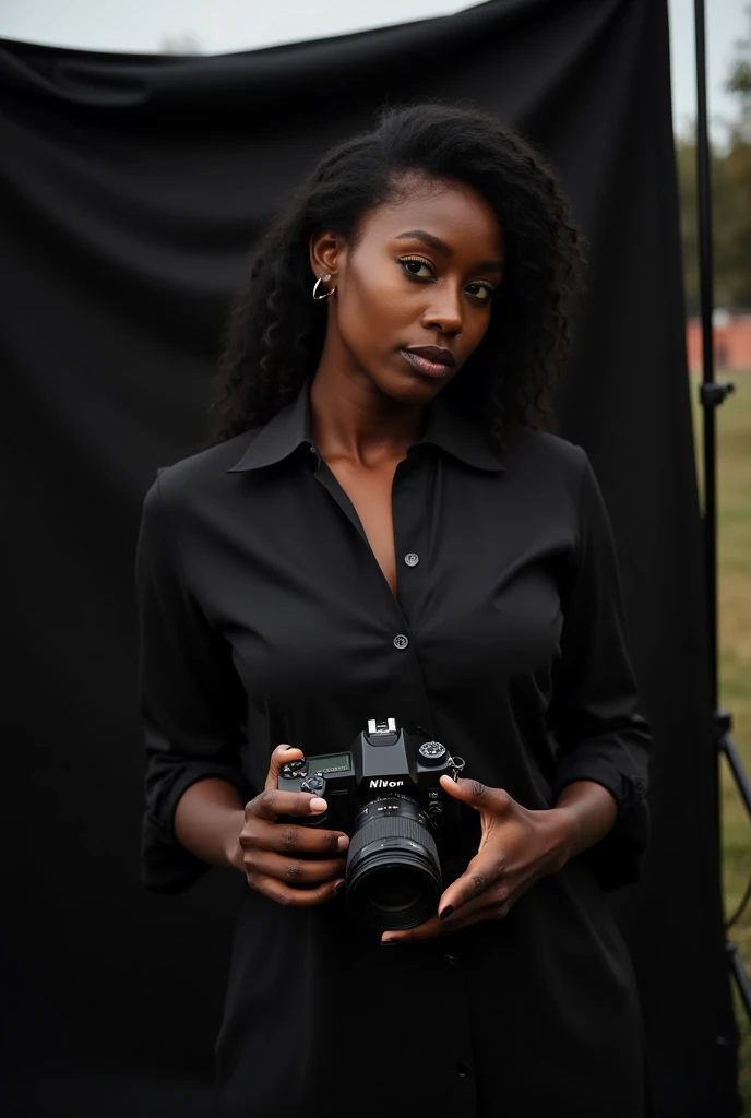 A black actress, with a Nikon camera in his hand, with a black fabric simulating a photography studio, in an external area, wearing a black dress shirt, artistic pose
