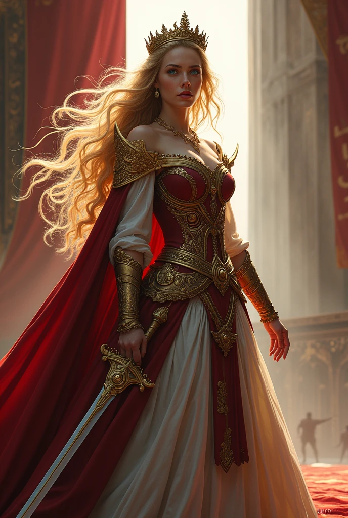 A beautiful blonde woman with blue eyes and she will be a queen and a swordswoman at the same time in her kingdom..