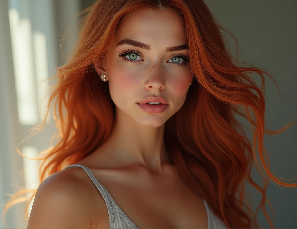 A stunning woman with long, flowing reddish hair, striking blue eyes, and a radiant, smooth complexion. Her eyelashes are naturally lush, and her eyebrows are perfectly shaped, framing her face elegantly. She has a fit and toned physique, with medium-sized breasts and a well-defined, sculpted abdomen. She exudes confidence and grace, combining athleticism with a soft, feminine allure
