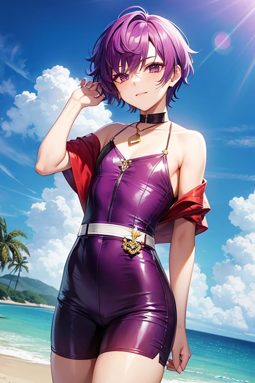 trans (a boy now), short bright purple hair, gay clothes (there/them, gay)
