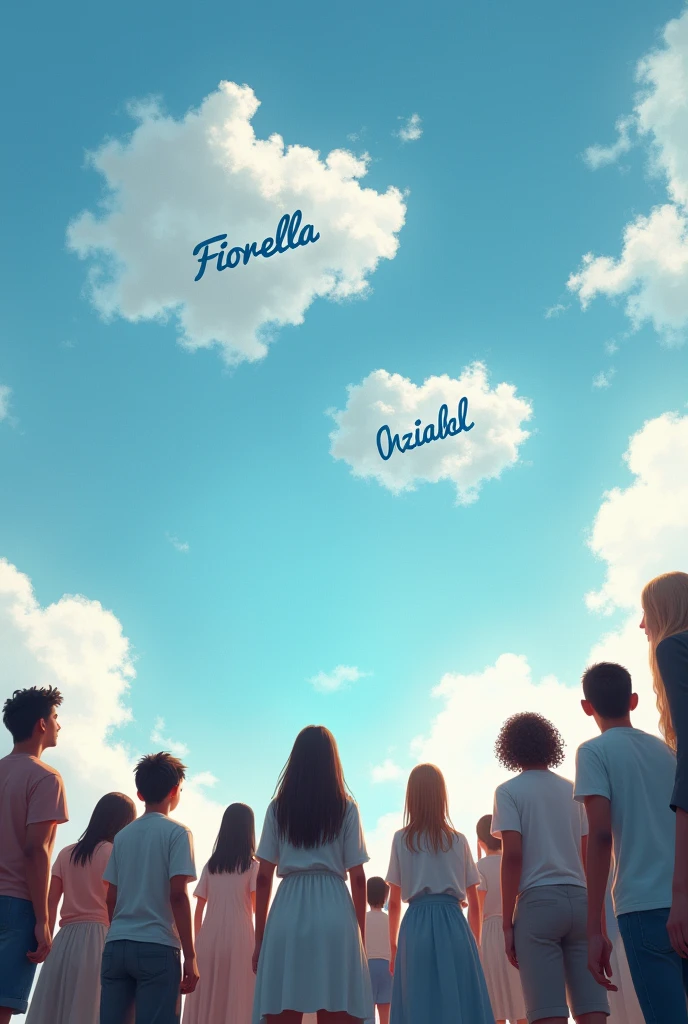 I want a photo of a group of people looking at the sky. 
And in the clouds the written names of two deceased people. "Fiorella" and "Second Painted" in Spanish.
