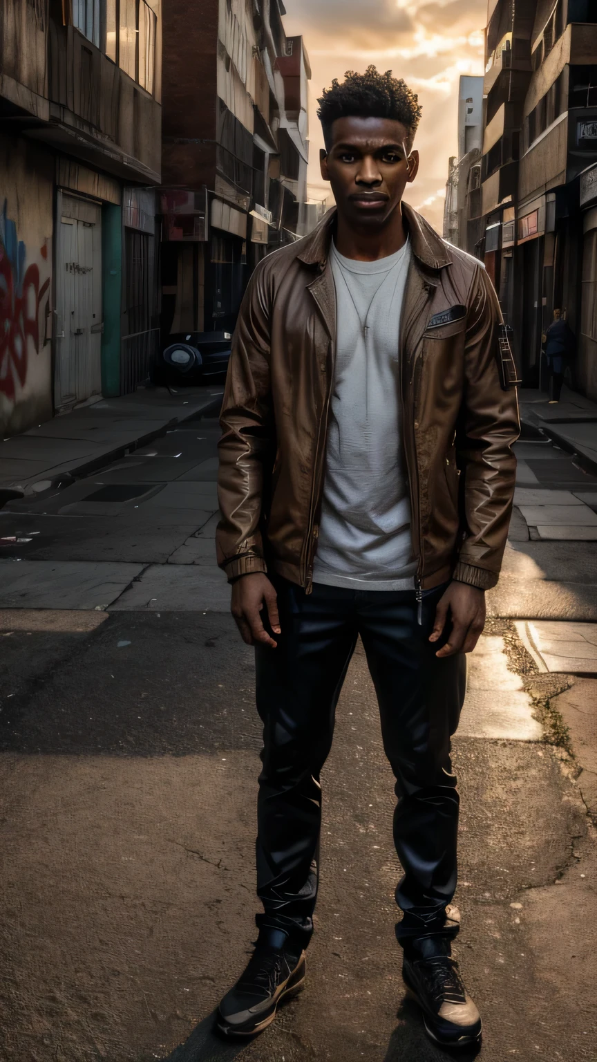 a thin boy with light brown skin, semi-long hair combed back with lots of gel, wearing a dress shirt, jacket, and dress pants, standing in a dangerous neighborhood, (best quality,4k,8k,highres,masterpiece:1.2),ultra-detailed,(realistic,photorealistic,photo-realistic:1.37),intricate details, dramatic lighting, cinematic composition, moody atmosphere, gritty urban setting, graffiti wall in background