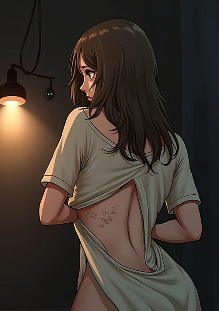 I want an illustration of a girl with dark brown hair and brown eyes showing her scars on her back 