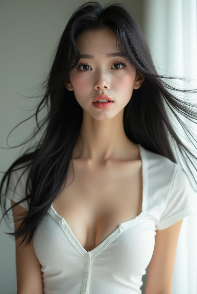 (full body shot:1) photorealistic image of a woman, ultrarealistic, photography, straight long black hair, japanese woman, beautiful cute sexy japanese 40 years old woman, hourglass figure, perfect body, Flirty look, natural big breasts, long eyelashes, cat eye make-up, double eyelids, sexy pose, erotic pose, seductive pose, big breasts, white t-shirt, wind blows at hair,