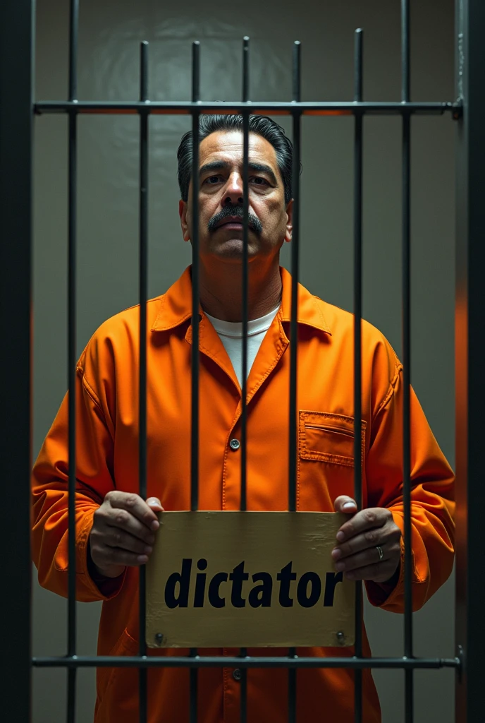 Nicolás Maduro dressed in orange prison clothes in a jail and a sign that says DICTATOR