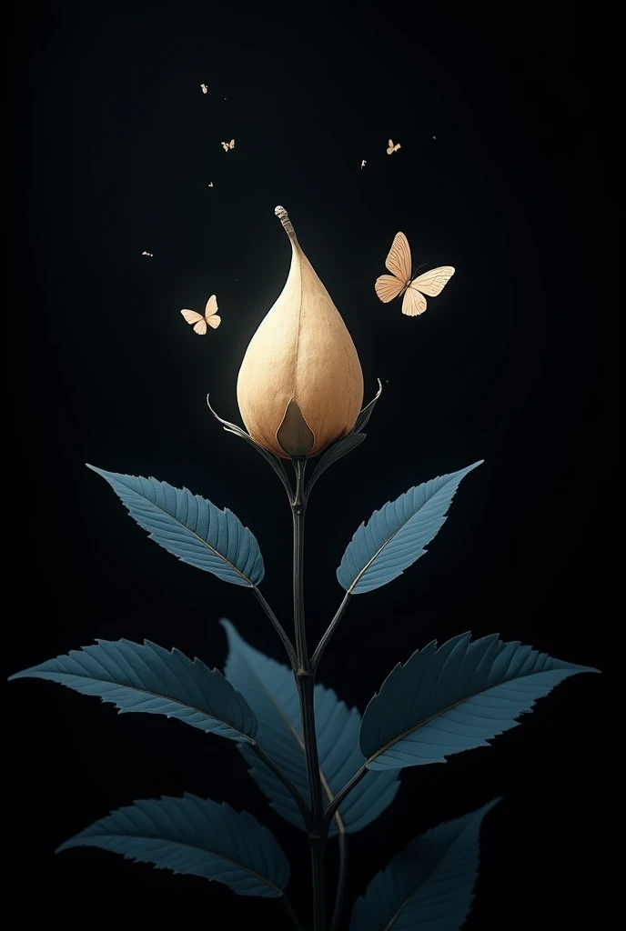 black backdrop , Unripe , beige with dark blue leaves and butterflies 
