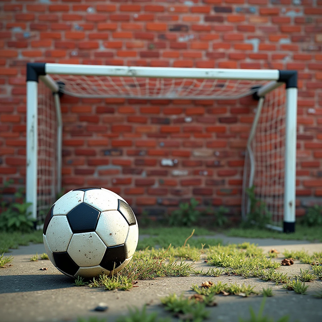 brick wall with a soccer goal drawn on it and a soccer ball