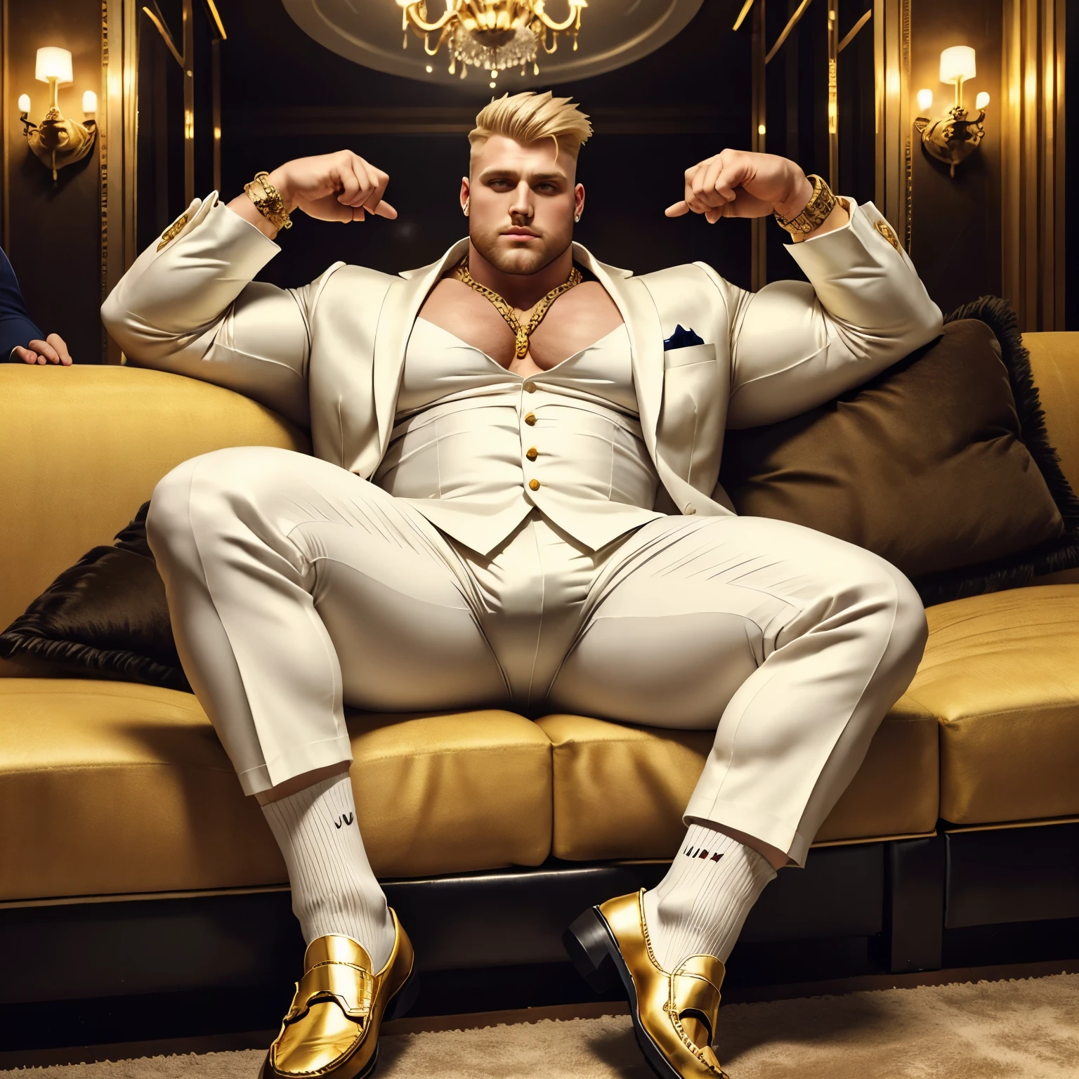Full view, a big blond guy obese leader of the gang, fashion undercut cut with spikes, very well dressed in a white tuxedo, satin shirt, lots of gold rings and jewelry, piercings, white silk socks, white velvet loafers with gold patches, drinks whiskey, completely lying on a sofa, arrogant, surrounded by bodyguards in commando outfits and very chic young women, In a very chic nightclub, you have to see his loafers and socks