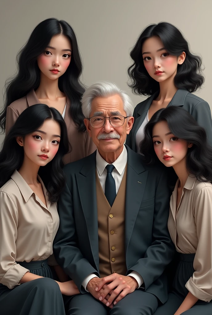 An image with 5 dark haired girls, 2 with straight hair and 3 with curly hair + an old professor with white hair