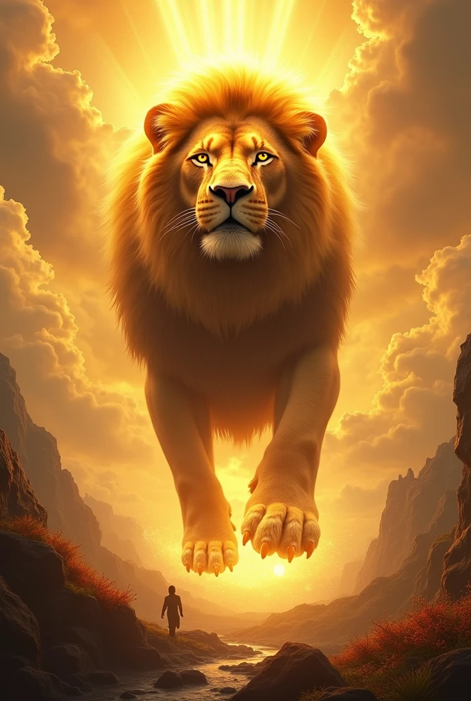 Visualize a colossal lion, with golden fur and eyes that shine like flames, descending from the sky amidst luminous clouds. His paws touch the ground gently, but with a force that makes the earth tremble. Around her, an aura of bright golden light surrounds your body, symbolizing his divinity and supreme power. The surrounding landscape, once dark and desolate, begins to blossom with life and vibrant colors as the lion advances.