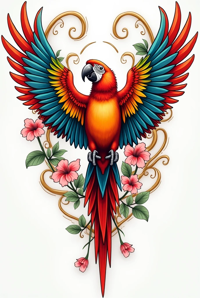 Macaw tattoo, tatoo, with arabesques highlighted, More Detailed, Improve, em desenho para tatoo, with arabesques on the sides, with more colorful details, with pink flowers, emphasis on the colorful open wings