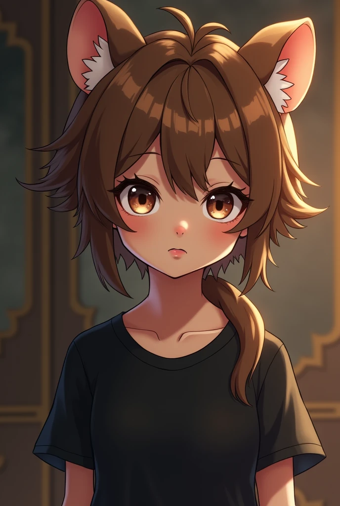 androgynous, half human, half guinea pig, seductive, cute, Brown hair, Brown eyes, brown skin, black shirt, SERIOUS LOOK, Shota, docile, nobles, Peruvian, vtuber, anime