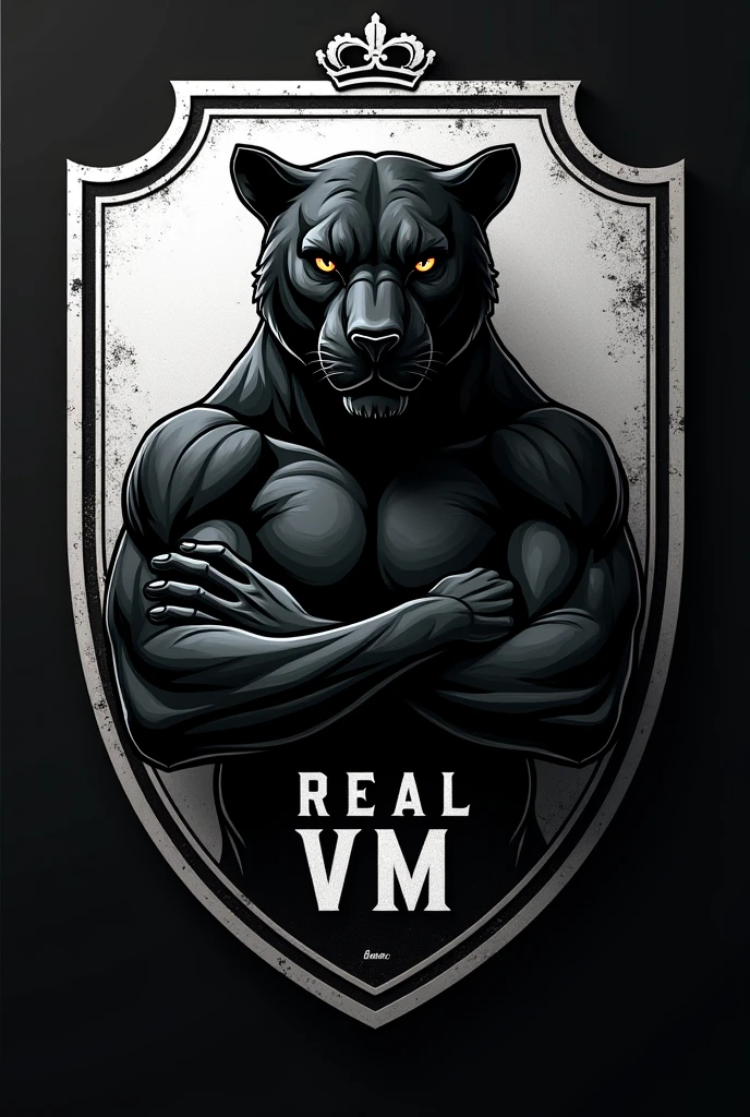 Create a team shield with the name REAL VM, inspired by Real Madrid with the crown on top, In black and white colors, the mascot could be a black panther with its arms closed, make an intimidating shield