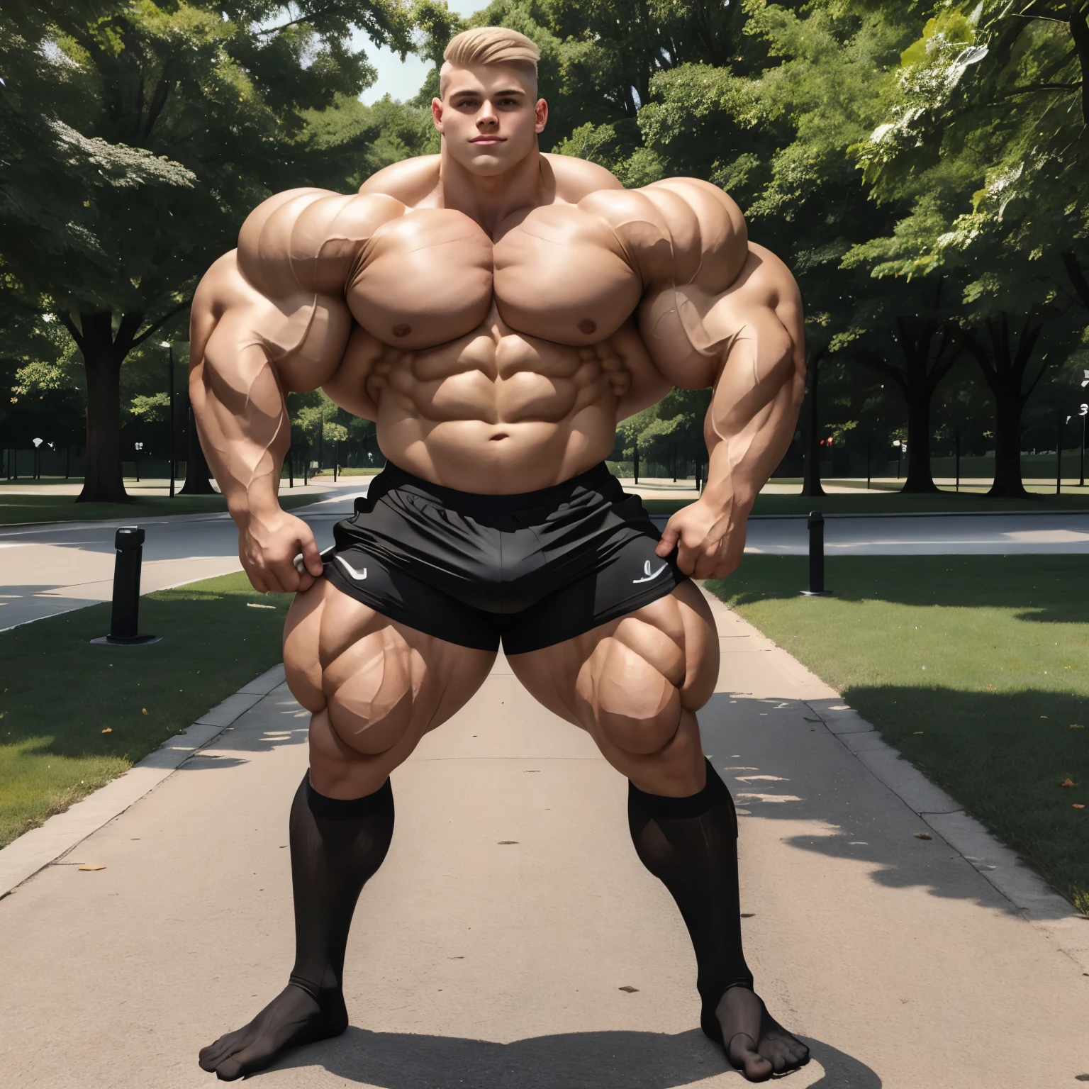 full body view, one  cute white blonde undercut boy model wearing black socks and lycra sport shorts, no shoes, looking like a freaky roidstuffed over-bloated bodybuilder, proudly posing outside, front american college, black socks must be seen