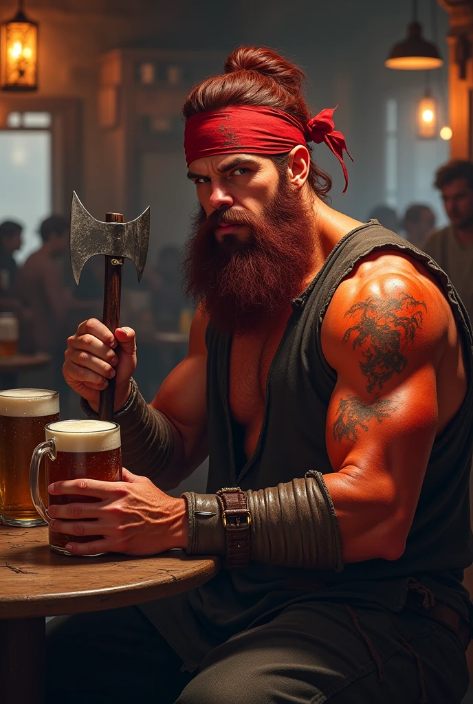 A fire Genasi male, hair red, red skin, a dark red bushy beard a large battle axe in one hand and a mug of ale in the other. He’s kind of meh faced and sitting in a bar. Wearing a bandana on his head and a shirt no sleeves. Class fighter. Beard bushy