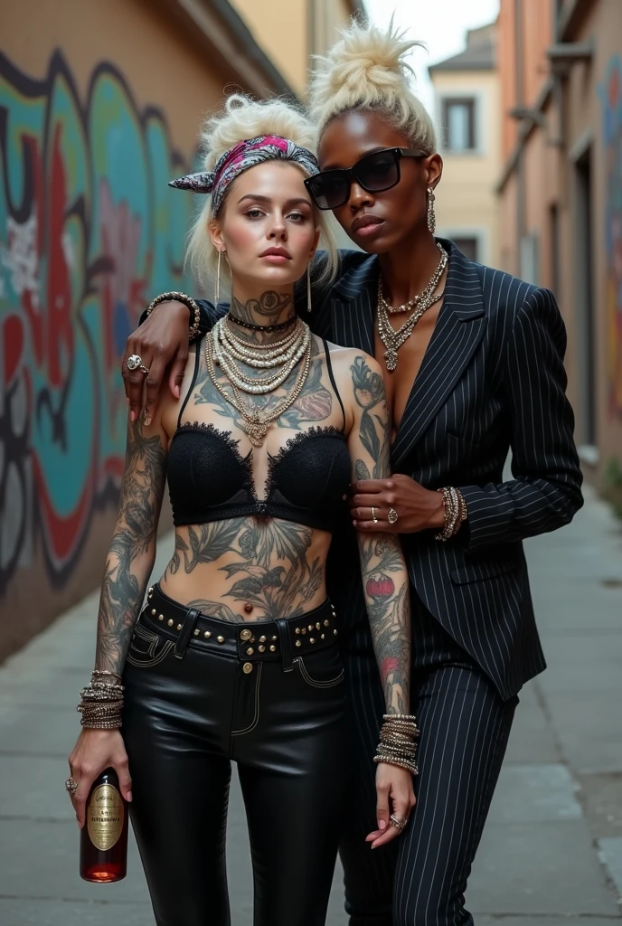 Two russian old milf women: the dominant aggressive dark skinned black woman in business pinstripe suit (jacket and trousers), long nails and afro hair, standing up with separated legs and possessive stance (arm around her girlfriends' shoulders squishing her tightly, touching the neck of the white woman with her other hand, like a predator on her prey). Next to her, her white rich drunk girlfriend looks at the camera (white woman is very pale: pale face, pale neck, pale chest, pale arms, pale hands, pale stomach, pale leg), white woman stretches her neck and looks at the camera feeling overwhelmed by her girlfriend. white woman is shy and submissive, feeling dizzy and needy white woman is being seduced. White woman stands up on her tiptoes pinned on a graffitied wall, White woman"s body is twisted and unstable, with hands on air. White woman dresses in rock chic style: Black skinny leather jeans with white seams, platinum blonde hair (pouf, top messy bun, wide colourful bandana as headband) and oversized square sunglasses as headband. Big lips with no makeup. Black studded lace push up bra, big breasts. Barefoot.. Lots of thick wide studded bracelets in the wrists of the white woman, big pearl necklaces around the necks of the white woman, and big rings, Pearl earrings. Loose chains and studded belts around the hips of the white woman. White woman holds a bottle of wine. White woman is lazy, leaning on her girlfriend.. The white woman is densely tattooed on neck, tattoed chest, tattoed arms, tattoed stomach, tattoed legs, wrists and feet. White woman has well Toned abdominals, thin neck, slim legs and thin arms. Narrow hips. The body of the white woman is twisted in a lazy posture. Full body. On a narrow street with graffitied walls