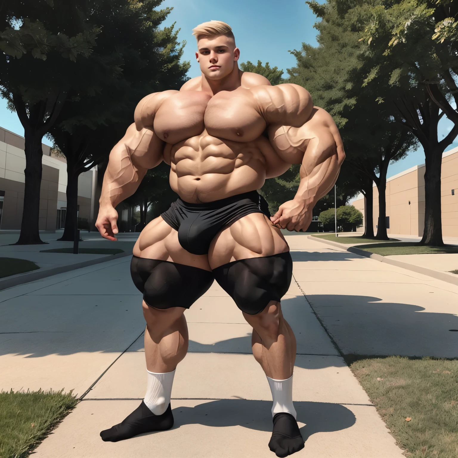 full body view, one cute white blonde undercut boy model wearing black socks and lycra sport shorts, no shoes, looking like a freaky roidstuffed over-bloated bodybuilder, proudly posing outside, front american college, black socks must be seen
