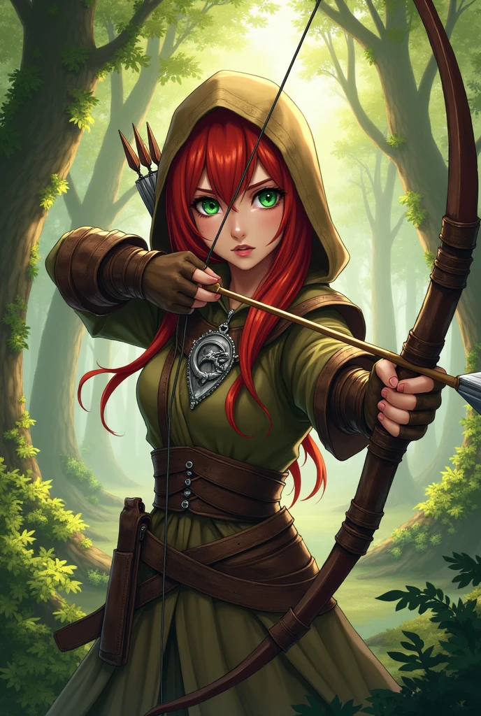 An elf, red hair, greeneyes, medieval leather clothing, brown hood, using bow and arrow, background forest, dense forest, serious look, concentrated, silver necklace with dragon symbol, an anime style art