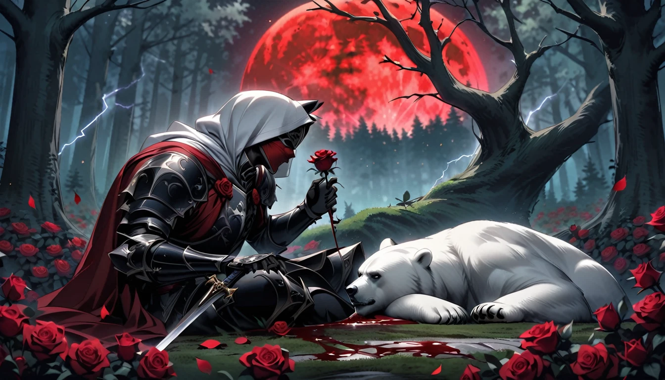 Male knight with a white hood with bear ears with sword behind his back sits on the ground towards a polar bear in a forest while the moon shines, many Roses cover the ground and lightning falls from the sky. The polar bear sleeps in front of the knight. Only the man wears a red blindfold. In the background of the picture is the blood moon and a tree has fallen down in the path. The forest is full of trees with leaves. The armor of the man is black and red roses decorate it. The knight has its sword in his hand.
