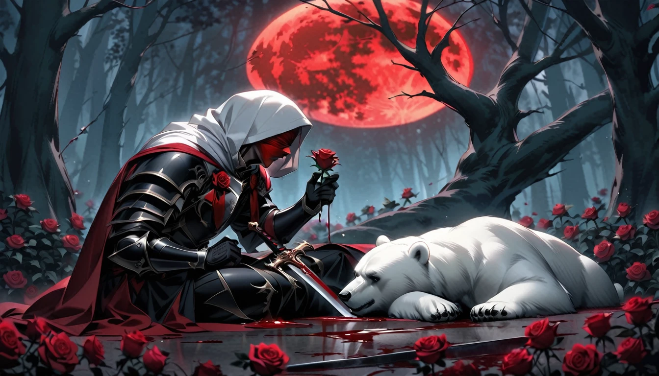 Male knight with a white hood with bear ears with sword behind his back sits on the ground towards a polar bear in a forest while the moon shines, many Roses cover the ground and lightning falls from the sky. The polar bear sleeps in front of the knight. Only the man wears a red blindfold. In the background of the picture is the blood moon and a tree has fallen down in the path. The forest is full of trees with leaves. The armor of the man is black and red roses decorate it. The knight has its sword in his hand.
