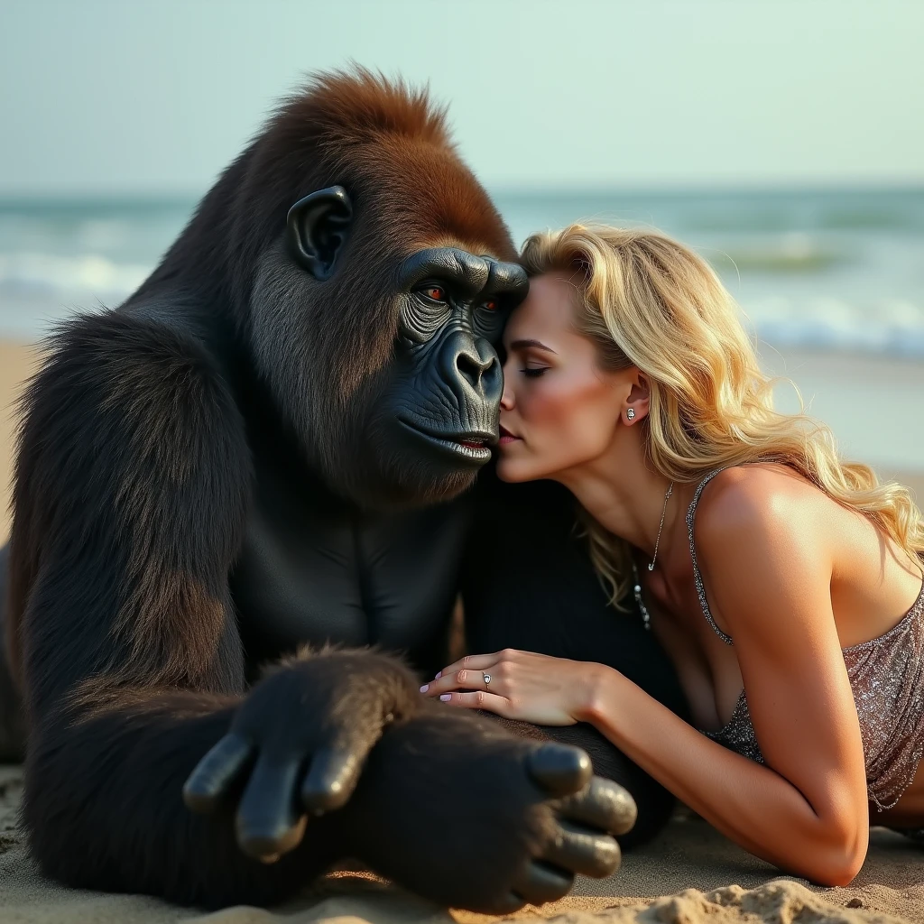 NSFW (nude) (Melissa Benoist ((human)) medium breasts, strip of pubic hair) vaginal penetration, piledriver fucking male gorilla with fat penis, full body, on a deserted beach