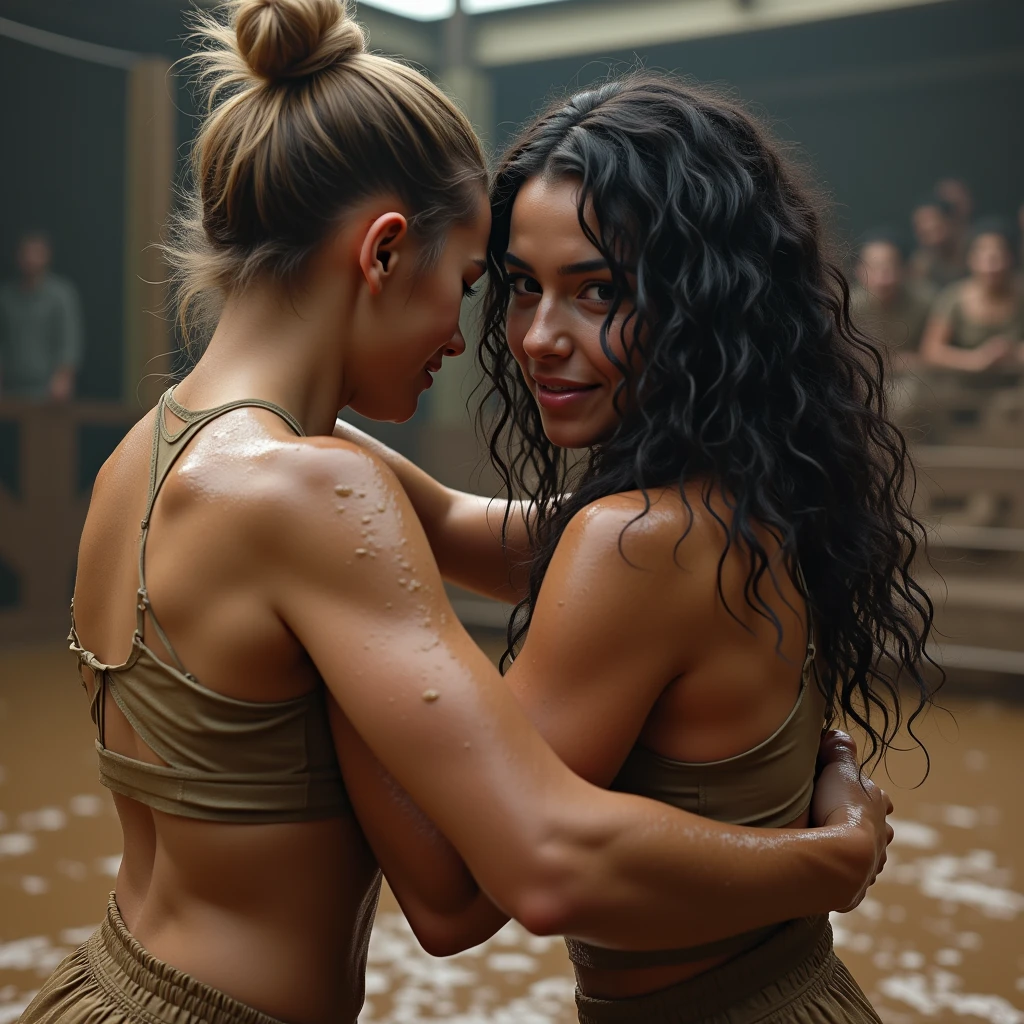 realistic photo of a (pretty girl, 20 years old, brunette, black eyes) as wresler fighting against a blonde short-haired girl at mud ring, (full lips) , ((perfect face)), [[mild smile]], proportionate body,mixed white-latina herritage, beautyfull, beautyfull face, tanned skin, two arms, two legs, five fingers by hand, full body, (softly curly black long hair), pretty curly brunette girl fighting against a bigger short-haired blonde fighther, beautyfull curly brunette girl fighting against big short haired blonde girl, energetic fighter, athletic slimmer brunette girl, the brunette has beautyfull body constitution, blonde and brunette wrestlers fighting on mud at show, tv show, contest, people, photo taken from back
