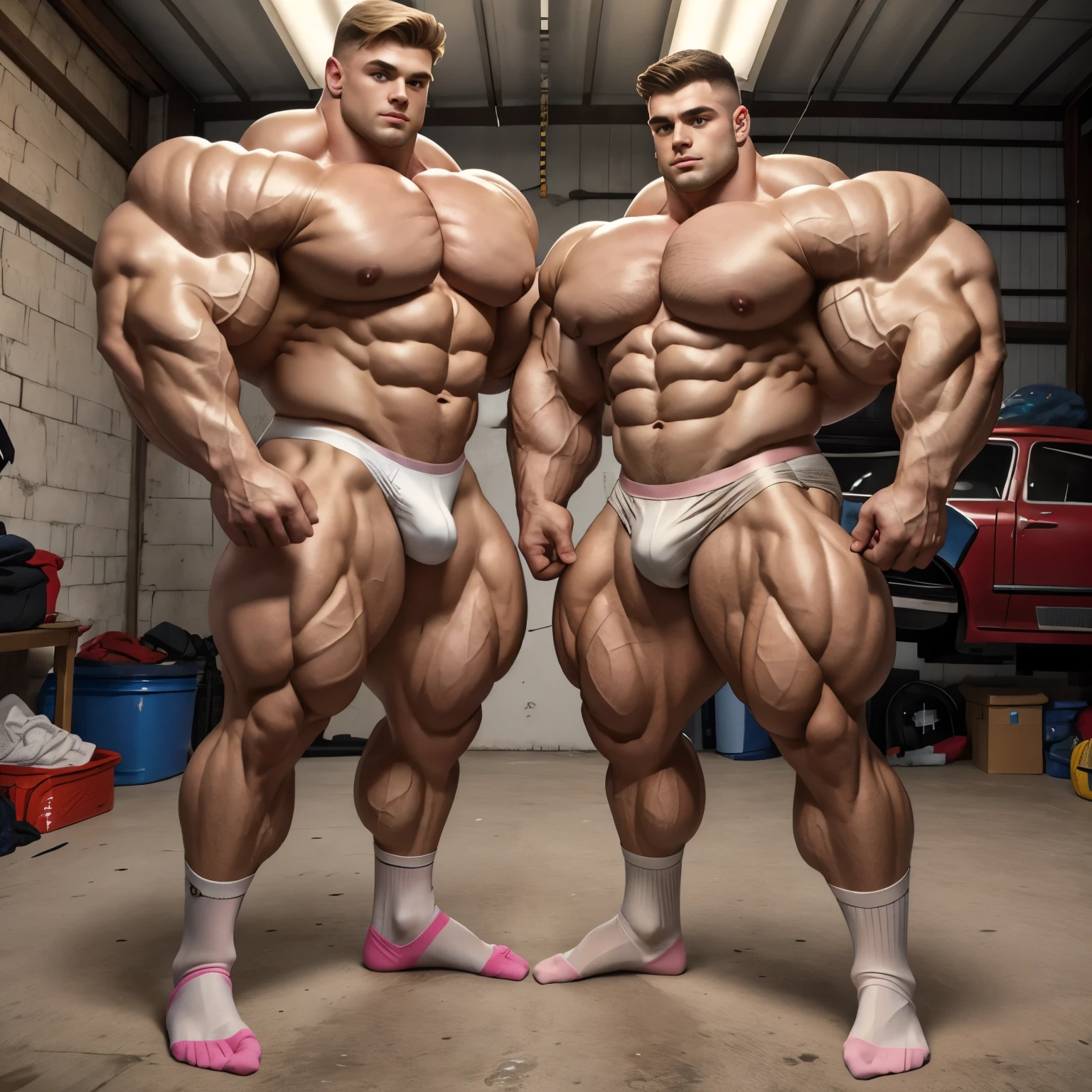 photo of 2 different white european bodybuilders cute handsome  kidsShirtless, wearing light-pink underwear and light-pink long silky socks, no shoes. fighting In a garage. Handsome. 1950 styled scene. Wide muscled shoulders. Thick pumped pecs. Huge extremely over-sized big bulbous biceps. fighting. pecs are touching. Pink silk socks must be seen
