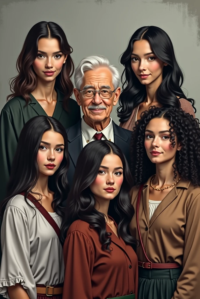 An image with 5 dark haired girls, 2 with straight hair and 3 with curly hair + an old professor with white hair