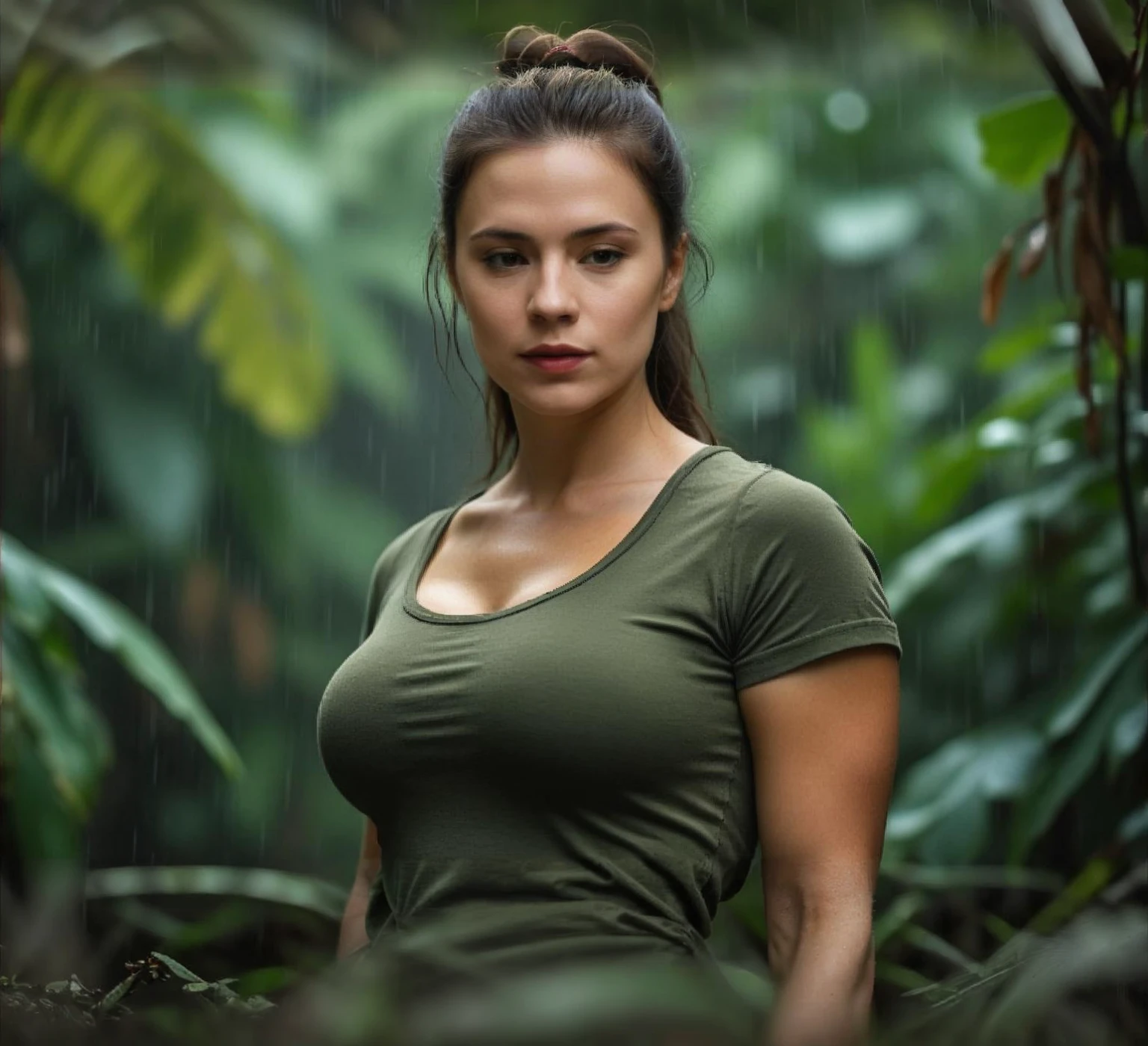 I generated an image with the prompt: 'Hayley Atwell with large breasts and muscular arms, standing in the jungle, hair tied back in a ponytail, wearing a rain-soaked olive green T-shirt'.