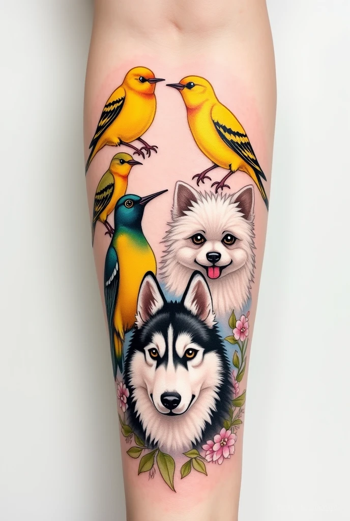 You are going to create an image for a minimalist watercolor style forearm tattoo with few strokes.. This image will be composed of: 
2 yellow canaries, 
2 black and white malacca lonchura birds,
1 hummingbird,  
1 chick 1 black and white rabbit, 
1 mini-sized white fresnhpoodle dog with wavy hair 1 Samoyed dog crossed with a husky, completely white, with heterochromia in the eyes. 