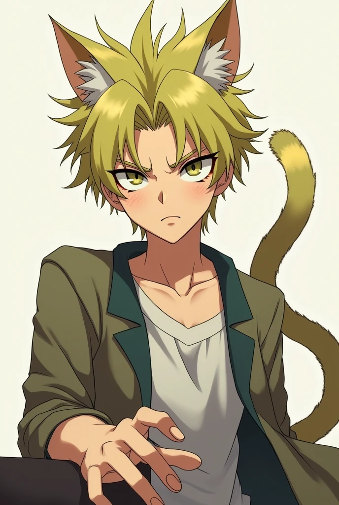 Serious anime boy with yellowish green hair and cat ears and tail 