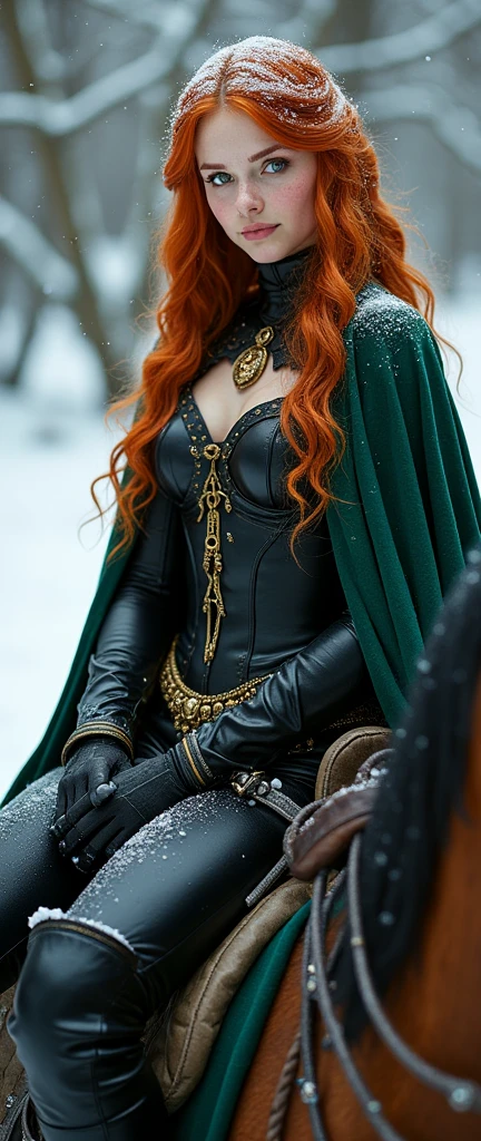 Young Triss merigold is wearing black latex wizard suit with a dark green cape and with golden details her ginger hair is covered in snow she has big and ass her suit is covered in snow she has freckles and green eyes she is wearing a tight dark corset she is wearing latex gloves her torso is slim and her ass and are fit she is wearing latex black thigh high boots with a high hells her suit has a lot of details view from the ass she is siting on a horse big ass