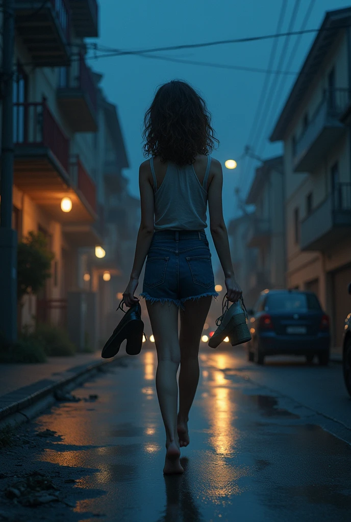 A teen girl is coming home from a party in the evening. She is barefoot, her shoes are in her hands. Her face is visible
