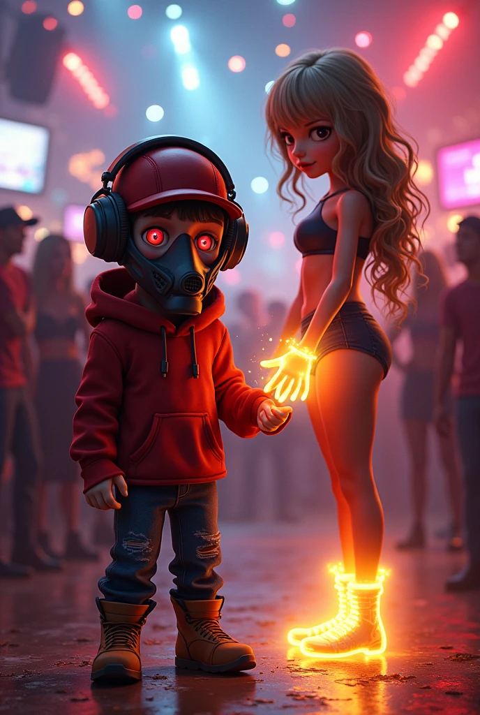 Taylor Swift, realistic, big breasts, full body & Youg boy with red hoodie, headphones, Star-lord helmet, rocket boots, gas helmet, covered mouth, round red eyes, front cover, Dj, mask, fire in boots, free hair, party, cap on head, magic spells on hands, red eyes,