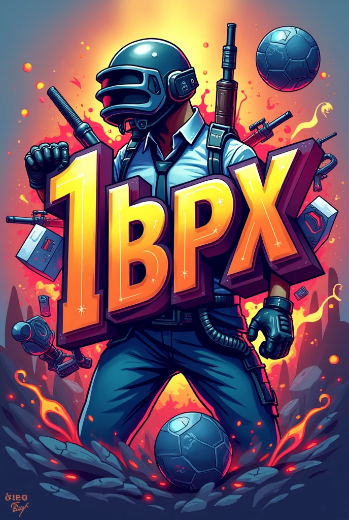 A vibrant and colorful illustration of the text '1BPX. The text must be bold and dynamic, with fun typography. Surround the text with elements related to FPS games, as weapons, pubg, and explosions. Use a lively color palette with bright colors, saturated colors to give a festive and energetic feel. The background should have subtle gradients or abstract patterns that complement the main design., making the whole composition eye-catching and fun.