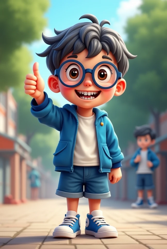 A boy with grayish black hair with a small tuft with light brown eyes with very round dark blue glasses with a big smile with braces he wears a blue jacket and a white blouse with blue shorts and white sneakers with blue details he makes a thumbs up gesture with his hand and is in a school environment