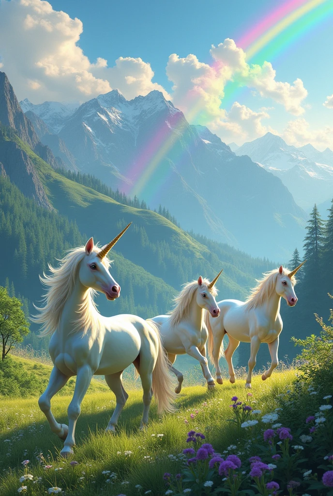 Unicorns on a green mountain with rainbows and many colors