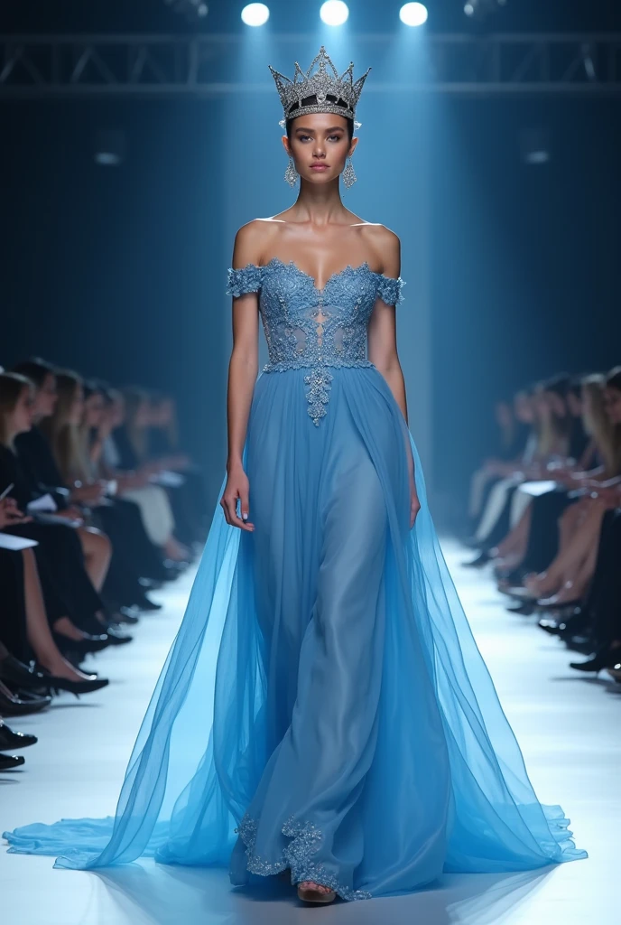 Excessive detail fashion show wearing beautiful sky blue dress with real crown like real life