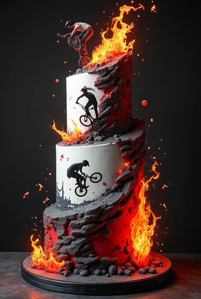 three-tier tilted cake: with images of fire and musical notes, musical notes and electric guitar: Young BMX stunts, black colors, White and red