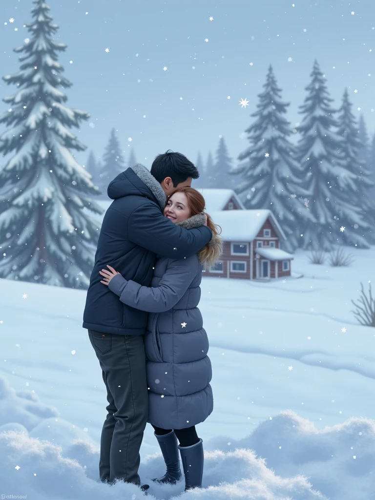 A high resolution couple hugging in the snow