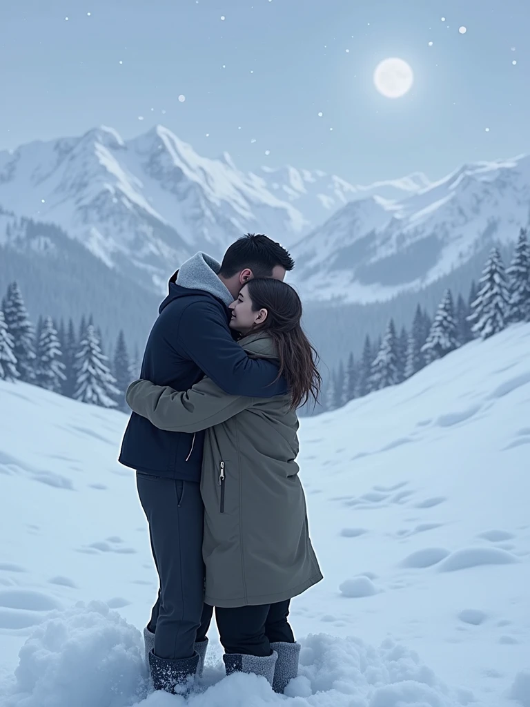 A high resolution couple hugging in the snow
