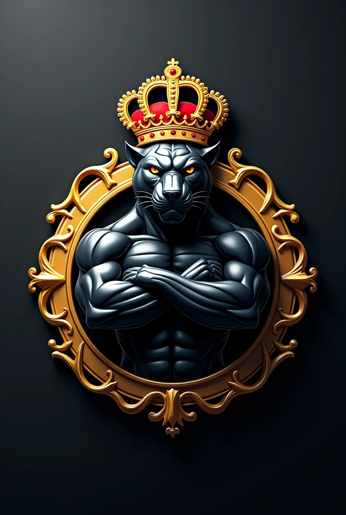 Create a team shield with the name REAL VM, inspired by Real Madrid with the crown on top, In black and white colors, the mascot could be a black panther with its arms closed, make an intimidating shield, with the golden crown, make the shield round.