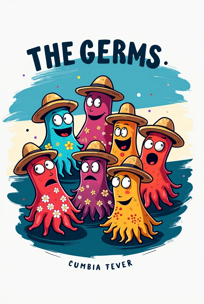 A LOGO, 8 musical germs, without legs. Floral shirt, straw hat.Colombian cumbia, It has to say at the top "the germs". At the bottom it should say "cumbia fever". In the background the Argentine flag