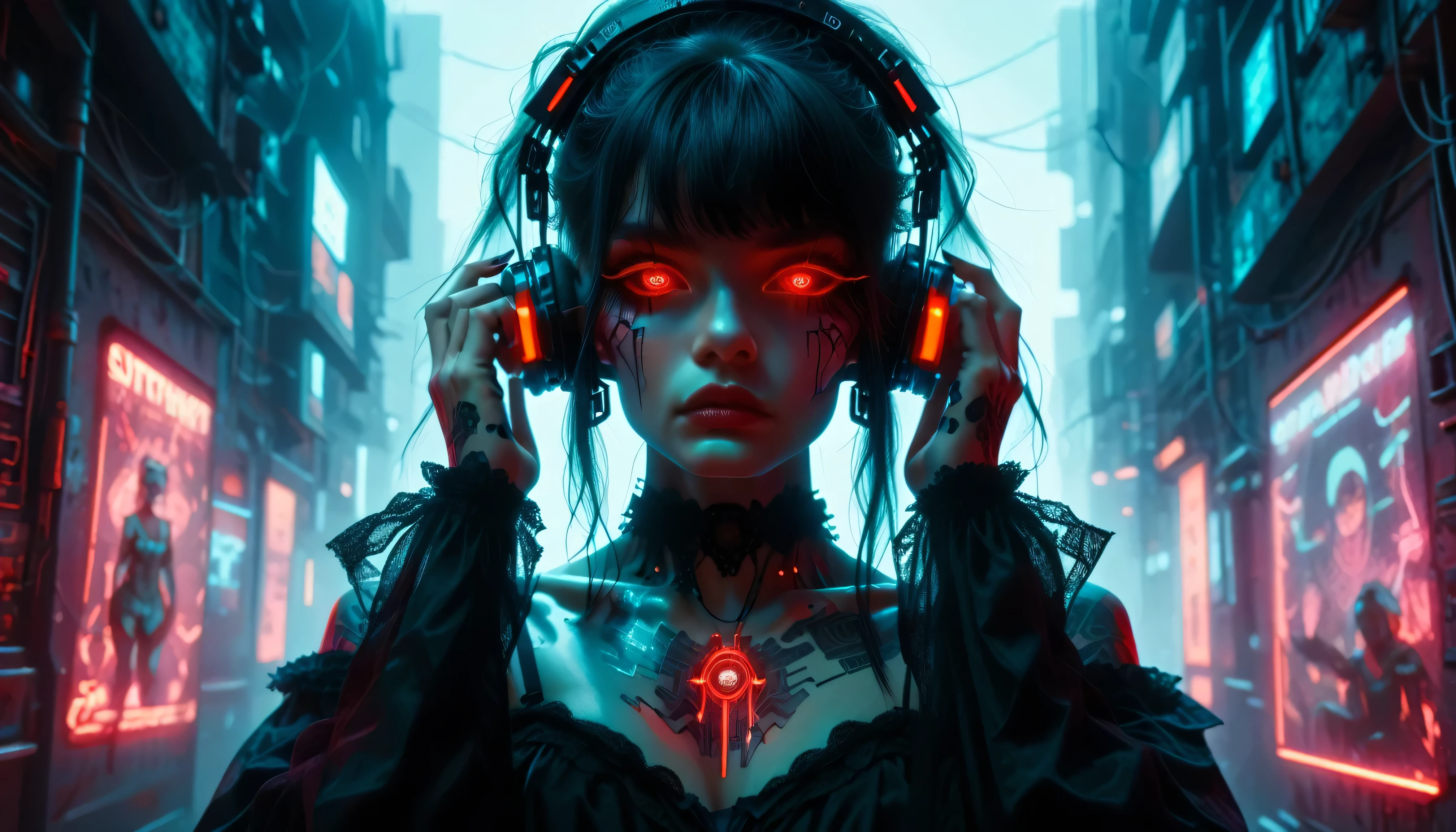 Woman with headphones and a red laser in her hair, cyberpunk))))), fantasy cyberpunk horror, gothic - cyberpunk, gothic and futuristic, epic fantasy cyberpunk, beautiful neuromancer woman, cyberpunk dark fantasy, fantasy cyberpunk, has cyberpunk style, occult cyberpunk, cyberpunk))), psychokinetic girl, seductive cyberpunk dark fantasy, Cyborg - Chica, orthodox cyberpunk, cyberpunk style