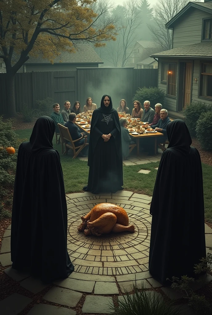 A family of Satanists sacrificing a Thanksgiving Turkey on a pentagram as a bunch of Christian neighbors share a Thanksgiving meal with them