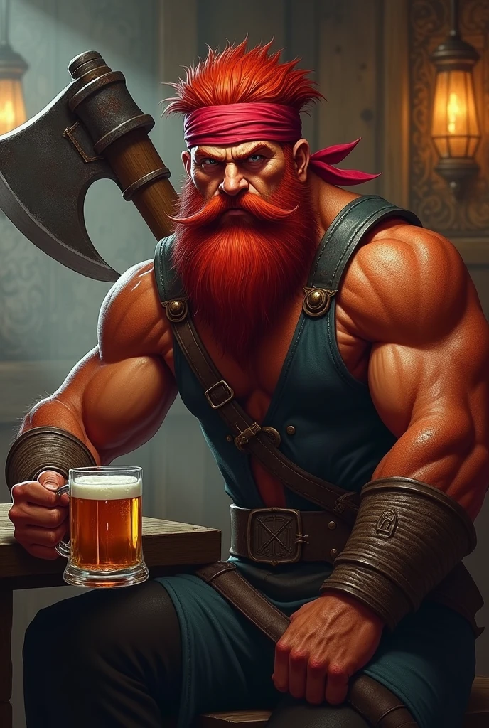 A fire Genasi male, hair red, red skin, a dark red bushy beard a large battle axe in one hand and a mug of ale in the other. He’s kind of meh faced and sitting in a bar. Wearing a bandana on his head and a shirt no sleeves. Class fighter. Beard bushy 