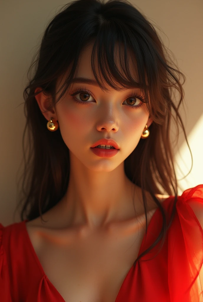  young man with straight brown hair and long brown skin, with brown eyes and long eyelashes, With a thin body, and wearing a red dress, with a golden ball earring, with braces.
