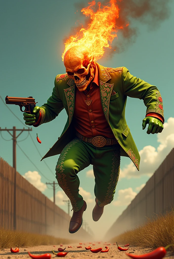 A green chili with a non-human chili body, muscular, with a skull head on fire in a mariche suit and a gun jumping the border and throwing chili peppers 